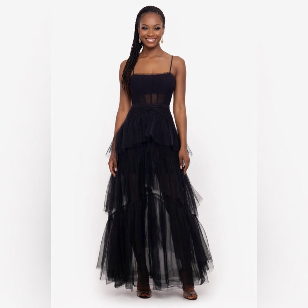 Betsy & Adam Black Tiered Tulle Evening Gown Formal Prom Dress NWT SZ 8 GALA NYE
